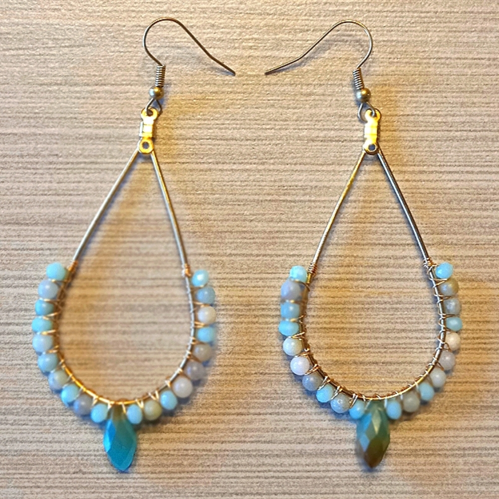 Natural amazonite spiritual stone beads wire wrapped on teardrop gold earrings